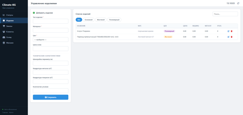 CRM-система учёта изделий для металлокомбината — главная панель